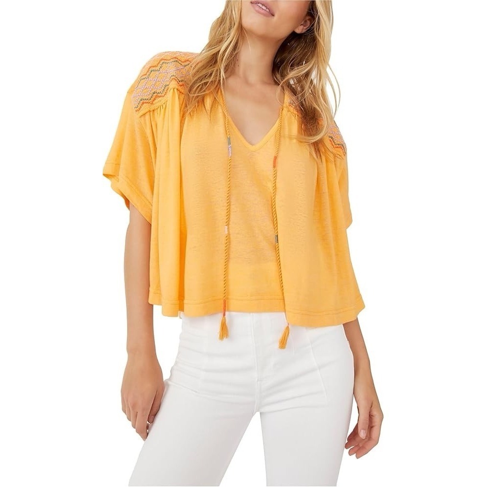 Free‎ People Top Embroidered Tie Neck Carrot Ginger S Flowy Boho Peasant